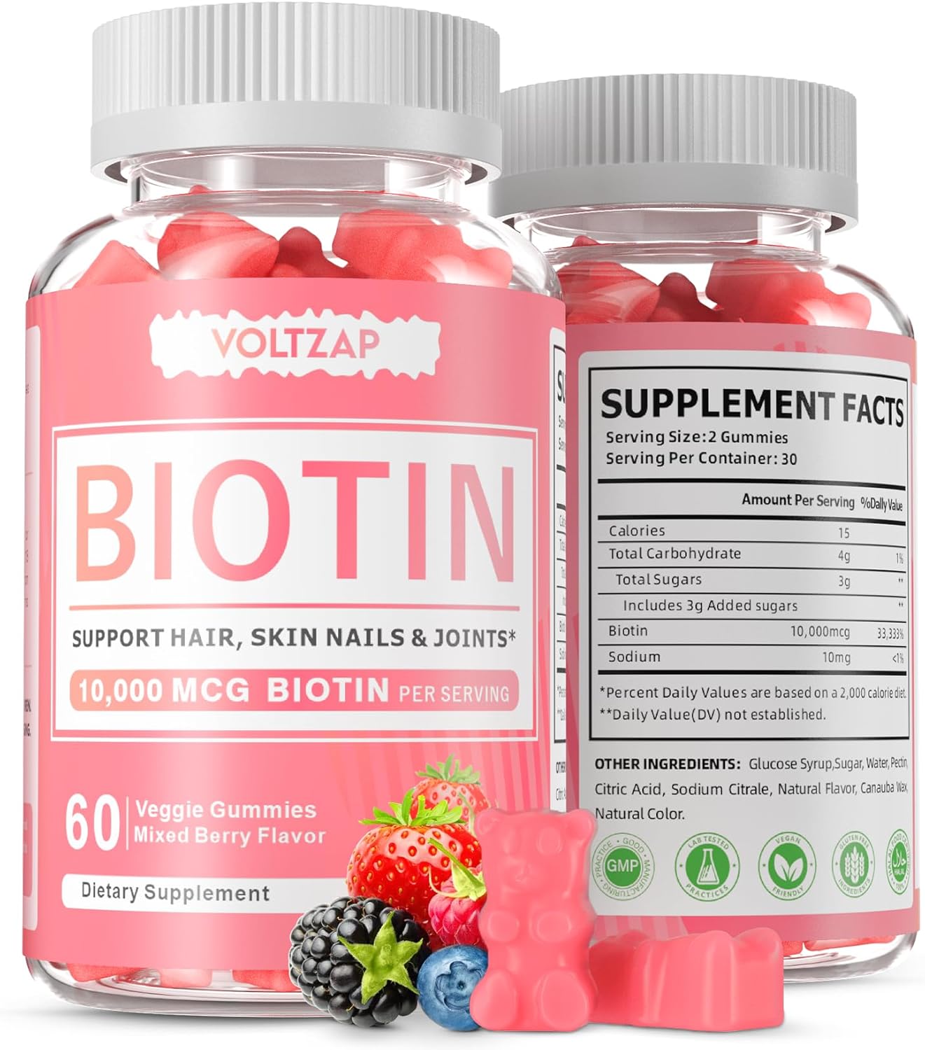 60 Vegan Biotin Gummies for Healthy Skin, Hair, and Nails - Antioxidant Support for Women & Men, Non-GMO Formula by VOLTZAP