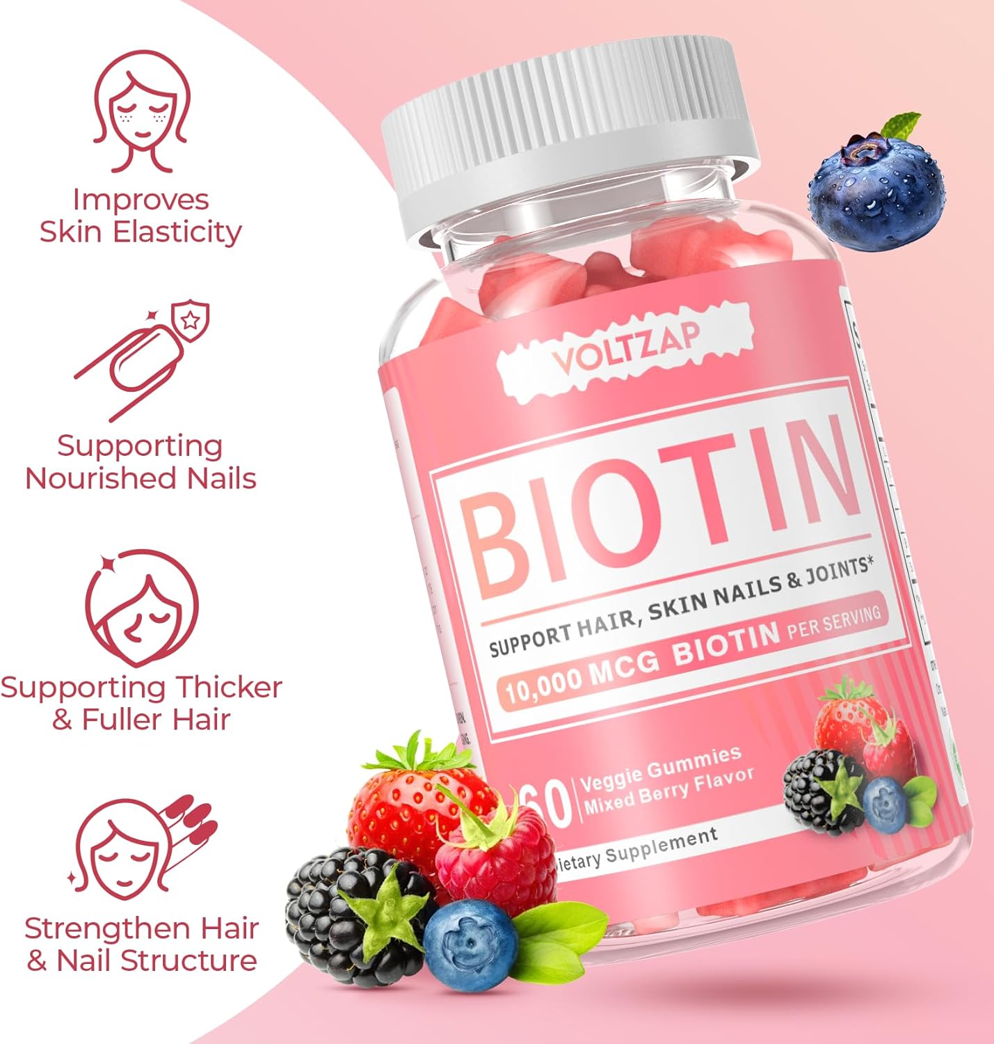 60 Vegan Biotin Gummies for Healthy Skin, Hair, and Nails - Antioxidant Support for Women & Men, Non-GMO Formula by VOLTZAP