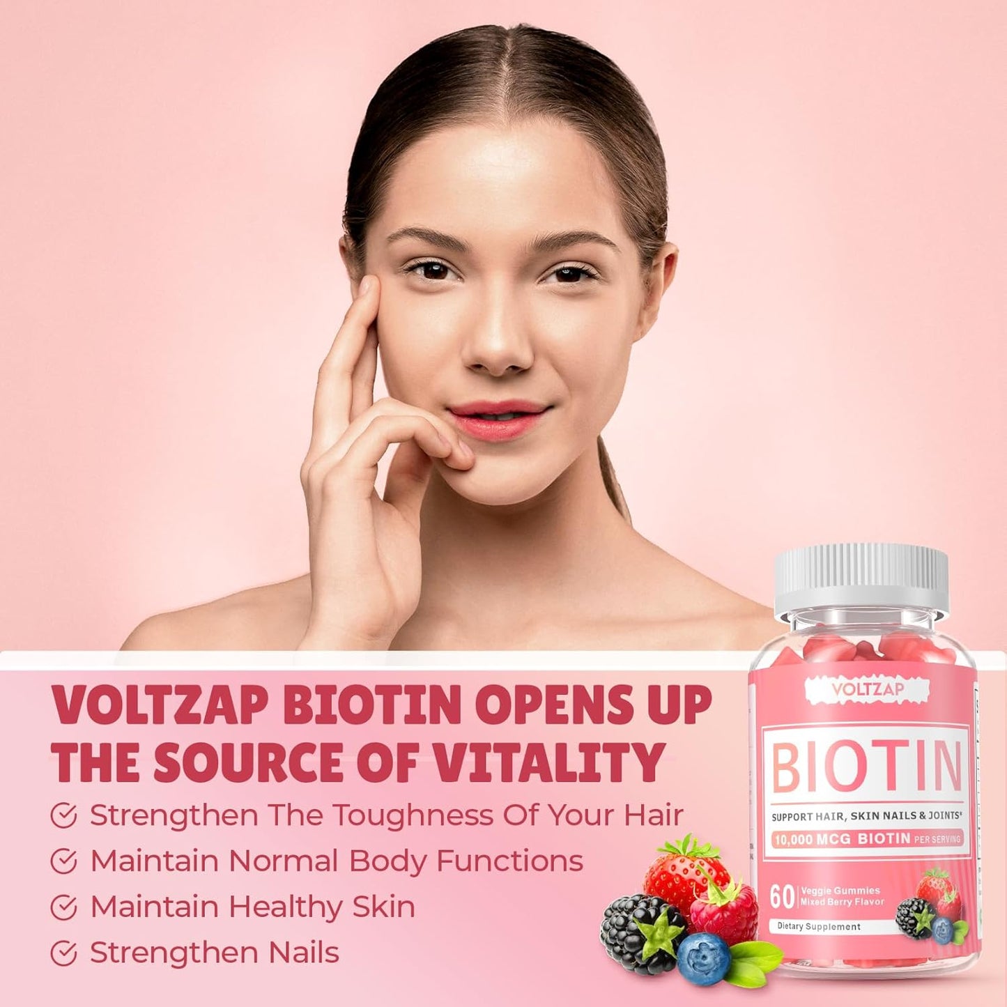 60 Vegan Biotin Gummies for Healthy Skin, Hair, and Nails - Antioxidant Support for Women & Men, Non-GMO Formula by VOLTZAP