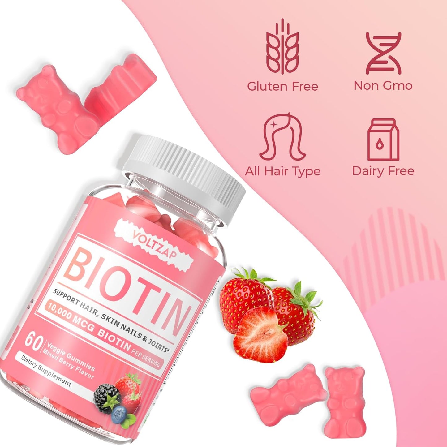 60 Vegan Biotin Gummies for Healthy Skin, Hair, and Nails - Antioxidant Support for Women & Men, Non-GMO Formula by VOLTZAP