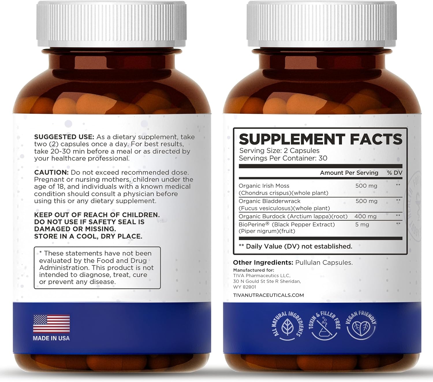 60 Vegan Capsules of TIVA Nutraceutics Irish Sea Moss with Bladderwrack, Burdock Root & BioPerine for Immune Support, Energy Boost, and Gut Health