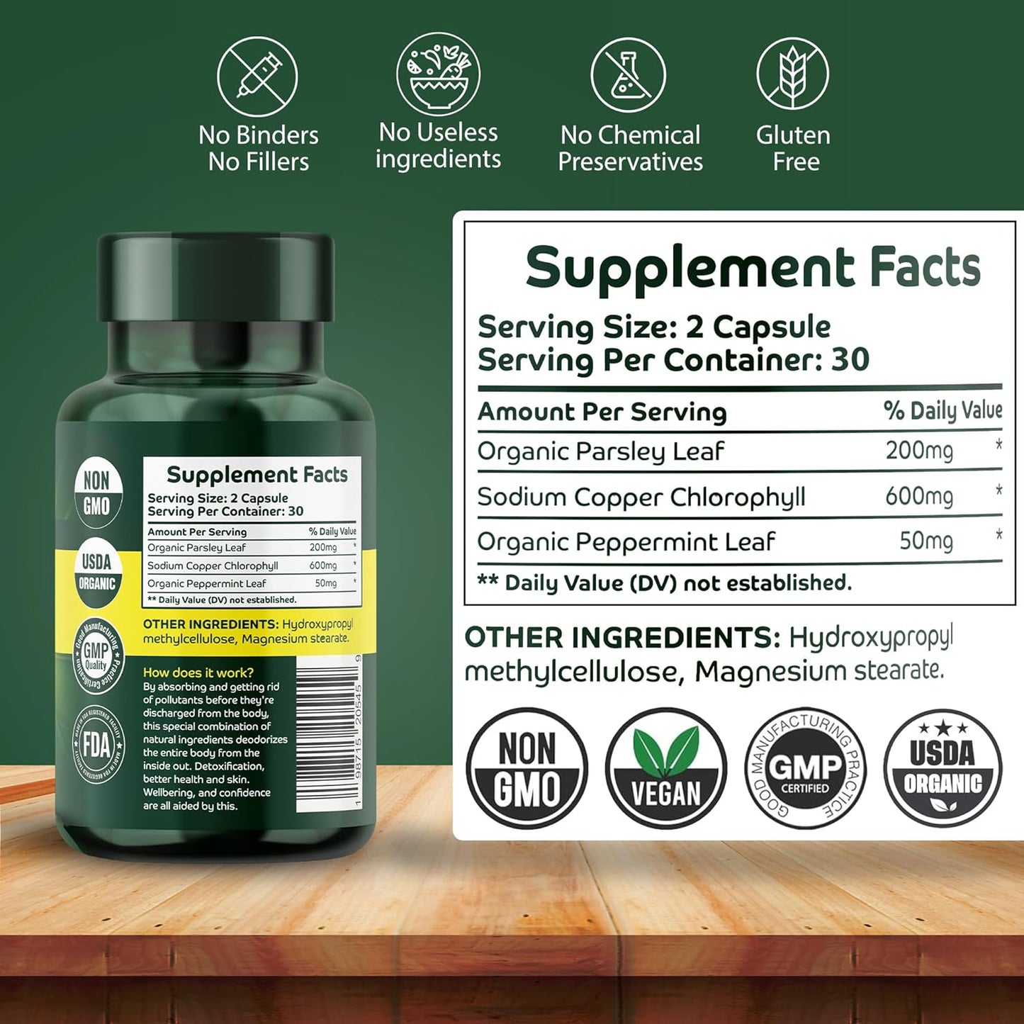 60 Vegan Chlorophyll Capsules for Body Odor Detox - Natural Deodorant Supplement for Immunity & Digestion