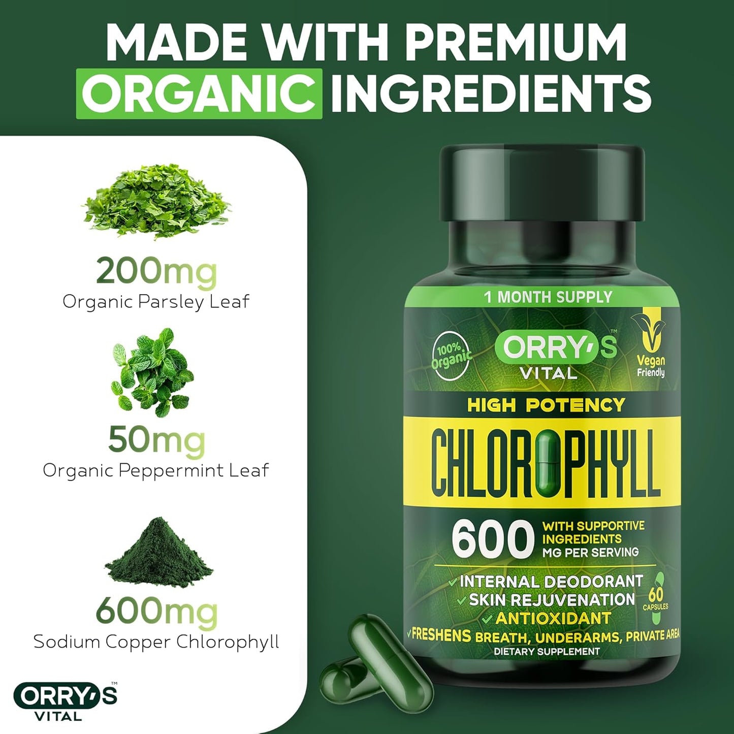 60 Vegan Chlorophyll Capsules for Body Odor Detox - Natural Deodorant Supplement for Immunity & Digestion