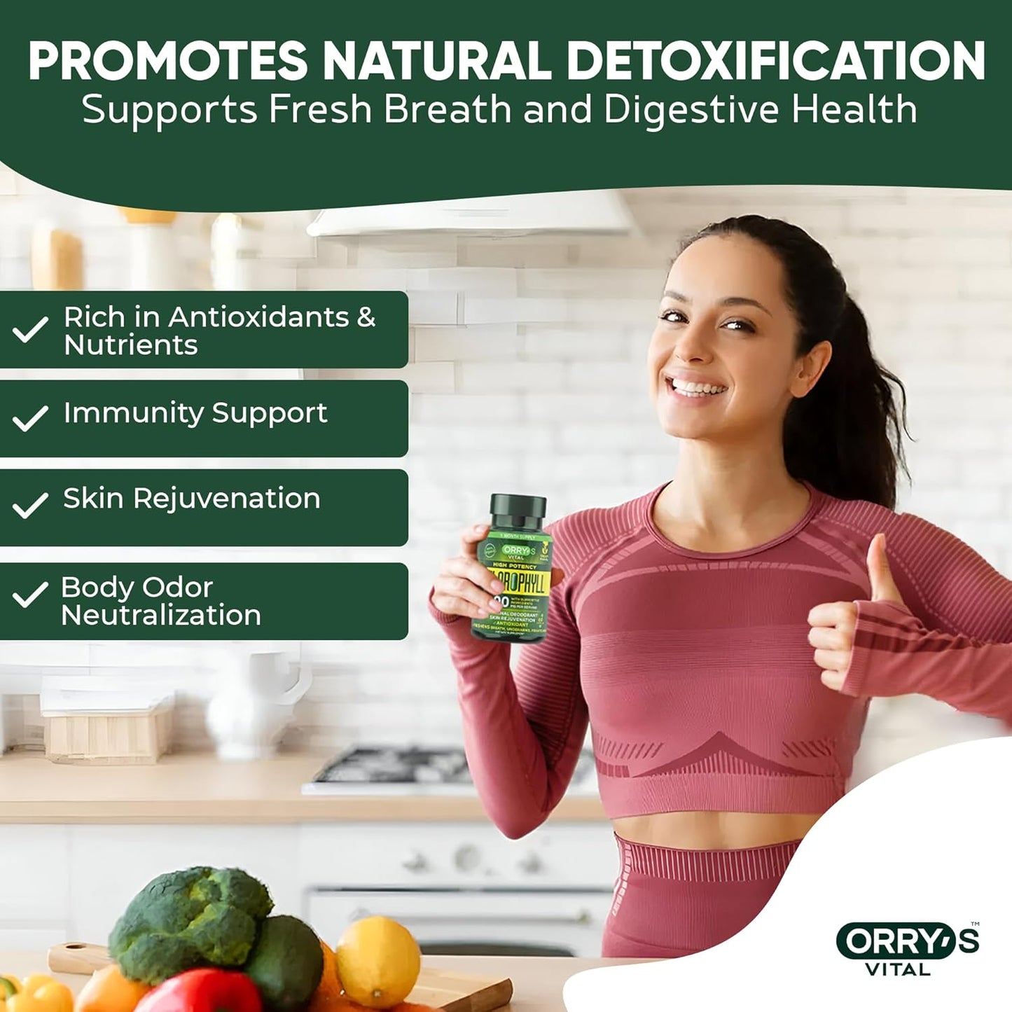 60 Vegan Chlorophyll Capsules for Body Odor Detox - Natural Deodorant Supplement for Immunity & Digestion