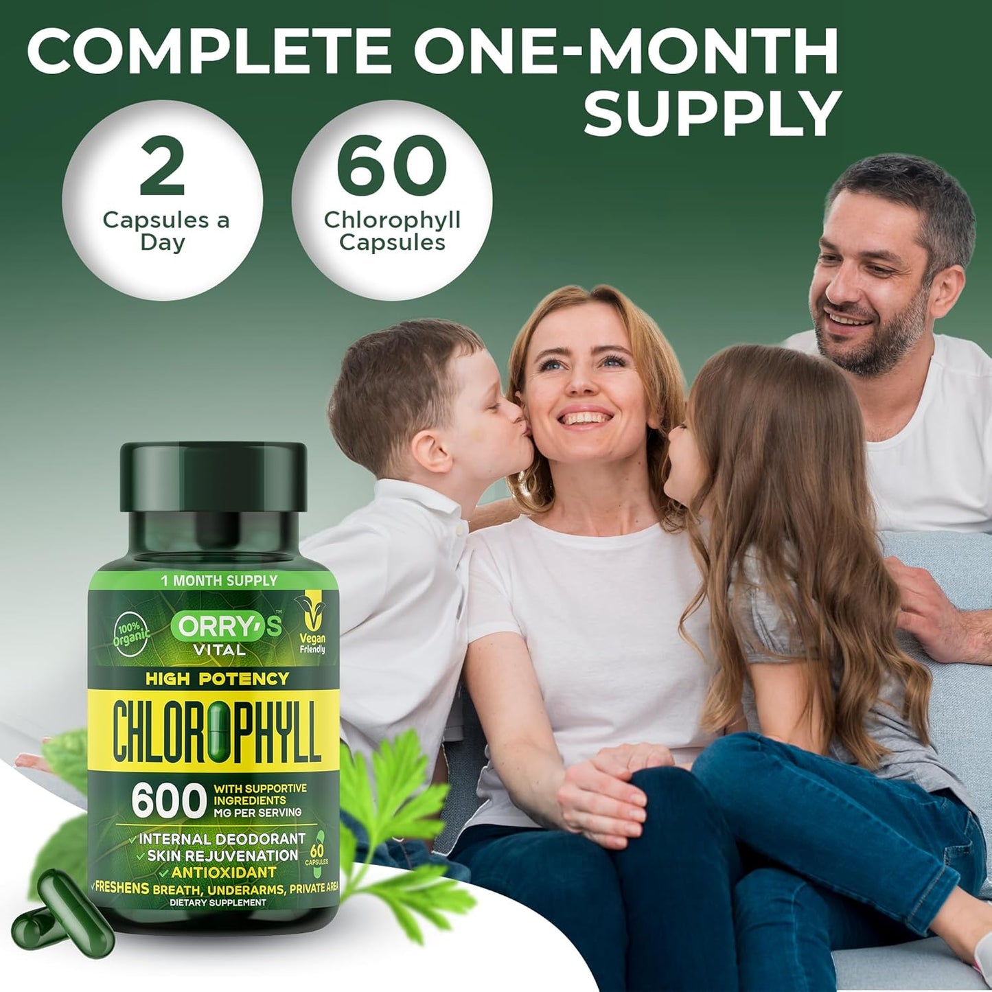 60 Vegan Chlorophyll Capsules for Body Odor Detox - Natural Deodorant Supplement for Immunity & Digestion