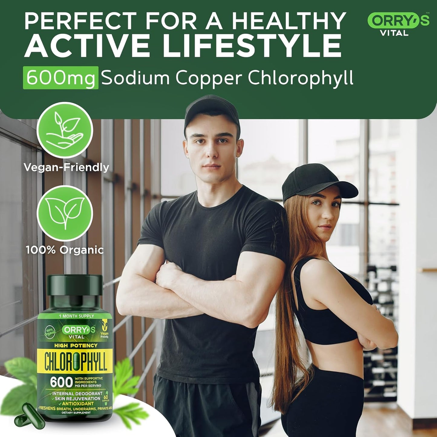60 Vegan Chlorophyll Capsules for Body Odor Detox - Natural Deodorant Supplement for Immunity & Digestion
