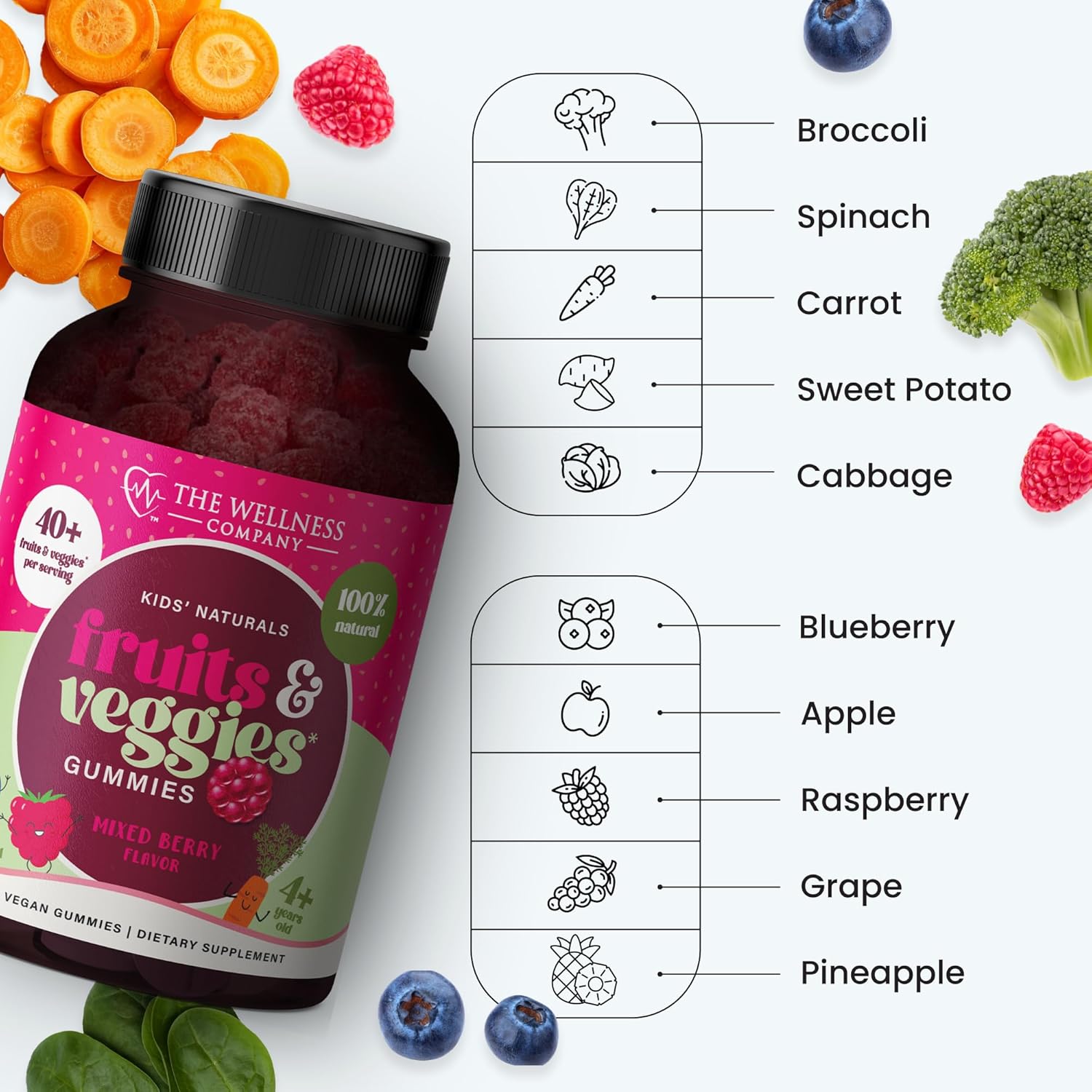 60 Vegan Gummy Supplements for Kids - Complete Daily Fruits & Veggies - Non-GMO & Gluten-Free - 1 Month Supply