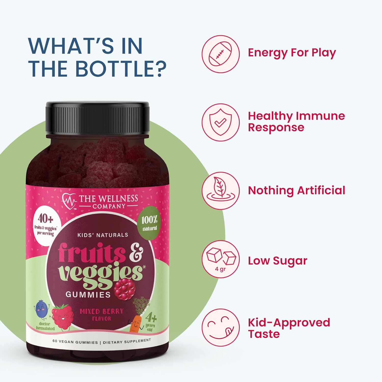 60 Vegan Gummy Supplements for Kids - Complete Daily Fruits & Veggies - Non-GMO & Gluten-Free - 1 Month Supply