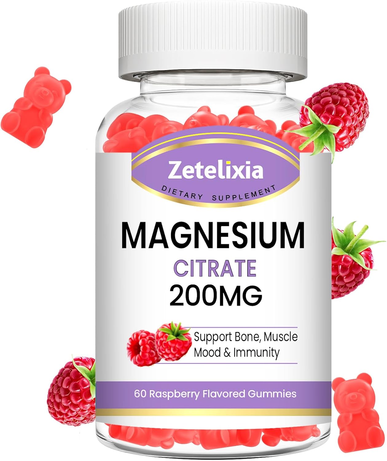 60 Vegan Raspberry Magnesium Citrate Gummies for Adults, High Absorption Support for Bones, Muscles, and Teeth by Zetelixia