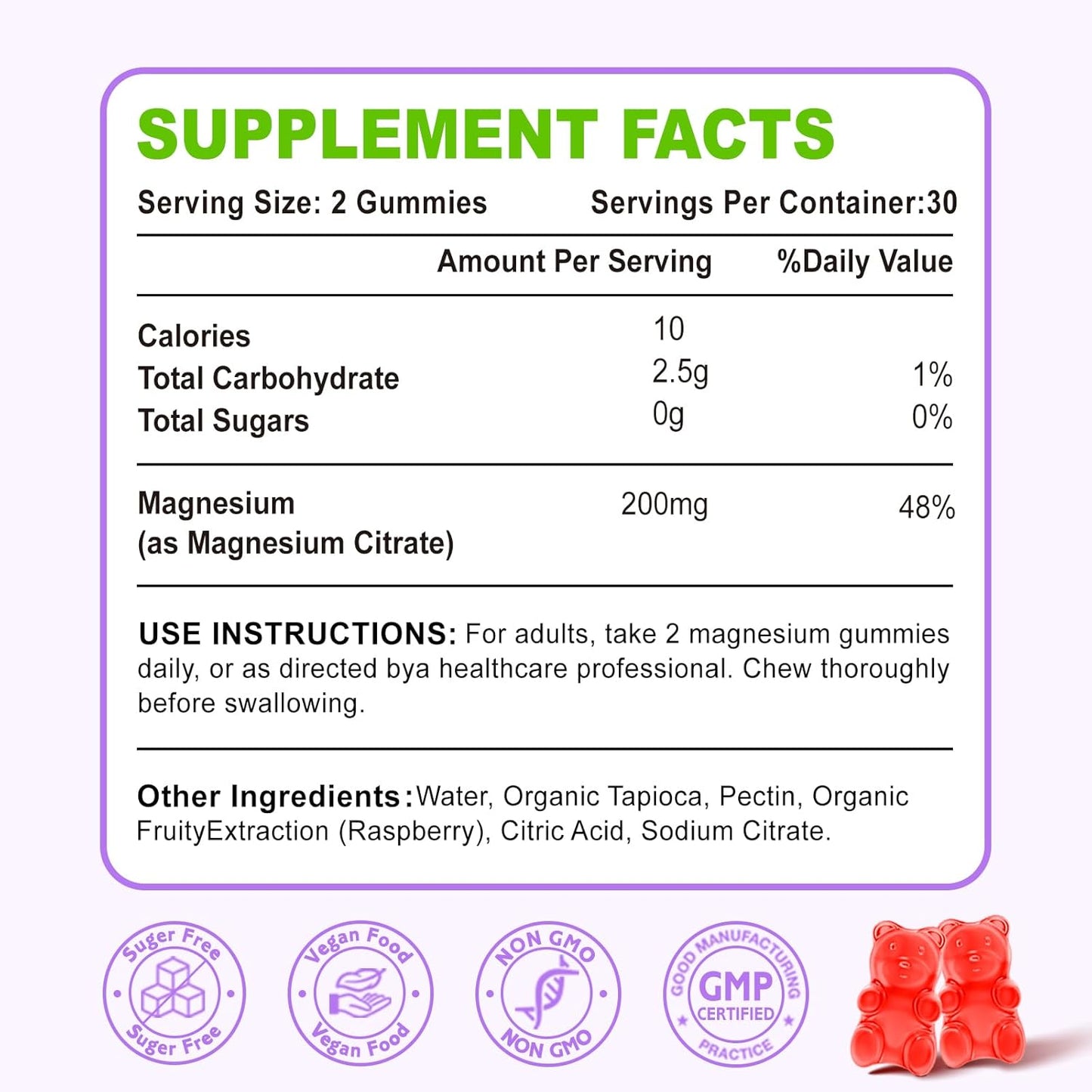 60 Vegan Raspberry Magnesium Citrate Gummies for Adults, High Absorption Support for Bones, Muscles, and Teeth by Zetelixia
