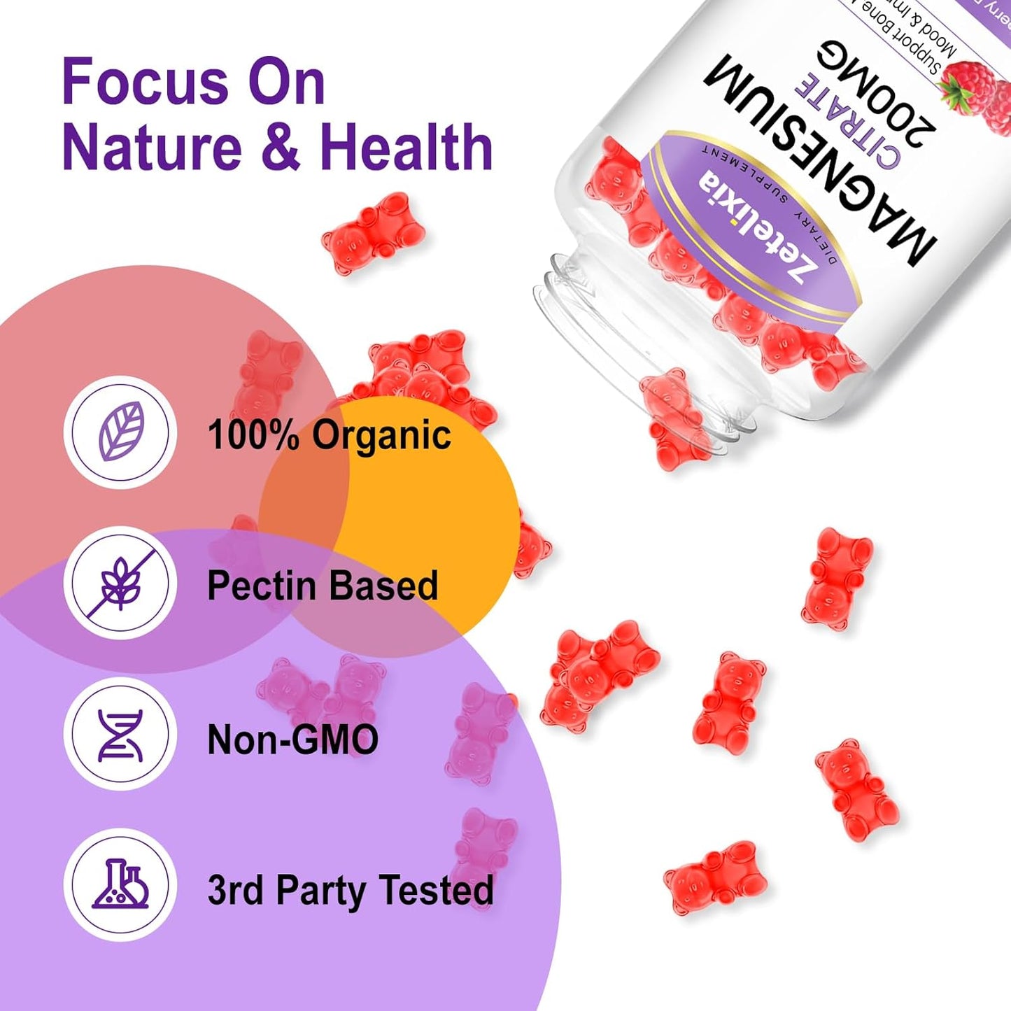 60 Vegan Raspberry Magnesium Citrate Gummies for Adults, High Absorption Support for Bones, Muscles, and Teeth by Zetelixia
