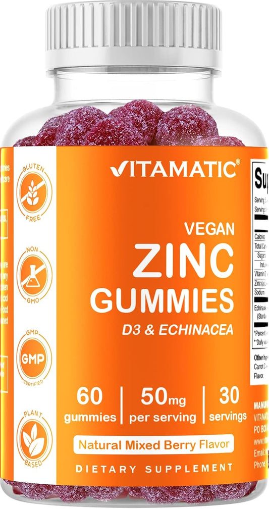 60 Vegan Zinc Gummies - 50mg - Gluten Free - Immune Support for Adults - Men and Women