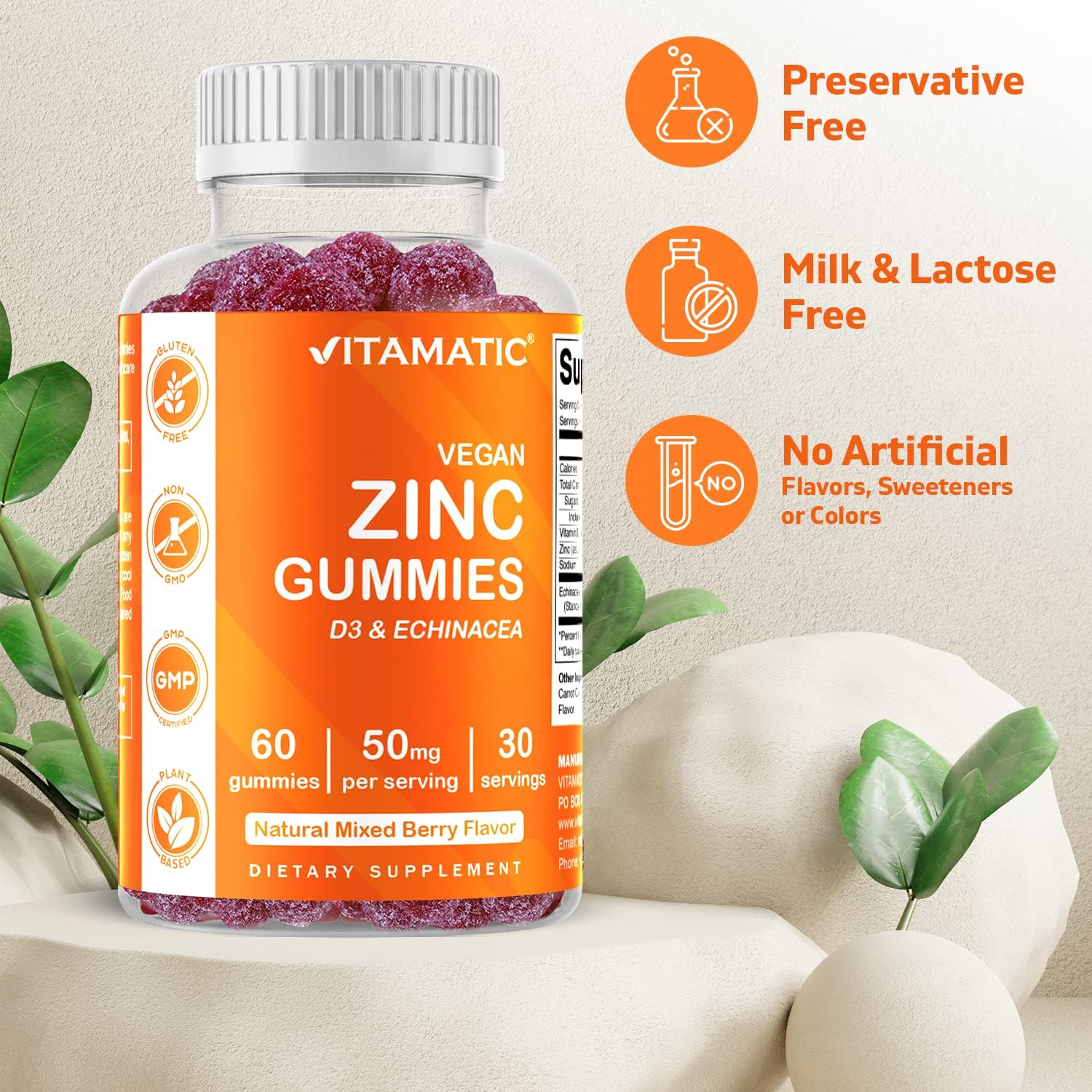 60 Vegan Zinc Gummies - 50mg - Gluten Free - Immune Support for Adults - Men and Women