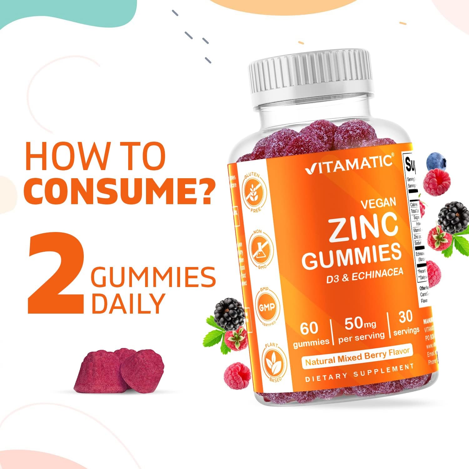 60 Vegan Zinc Gummies - 50mg - Gluten Free - Immune Support for Adults - Men and Women