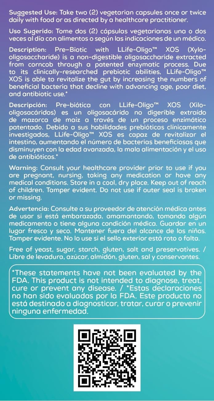 60 Vegetarian Capsules Bio Nutrition Pre-Biotic with XOS Prebiotic Fiber Formula for Gut Health & Intestinal Flora