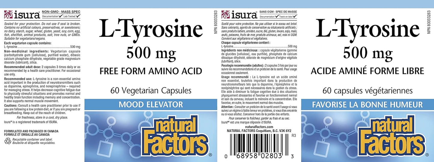 60 Vegetarian Capsules of Natural Factors L-Tyrosine for Stress Management
