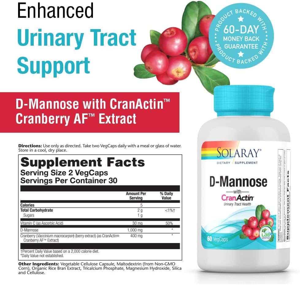 60 Vegetarian Capsules of Solaray D-Mannose with CranActin - Promote Urinary Tract Health with this Supplement