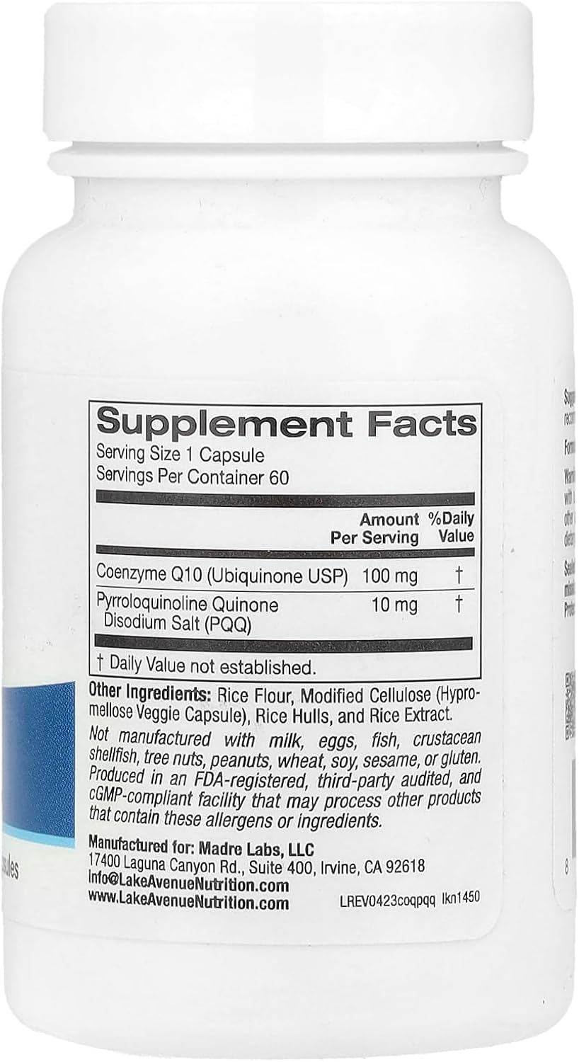 60 Veggie Capsules of Lake Avenue CoQ10 with PQQ, 100 mg for Optimal Nutrition
