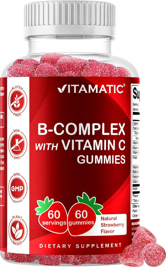 60 Vitamin B Complex Gummies with Vitamin C & Inositol - Natural Strawberry Flavor - 1 Bottle