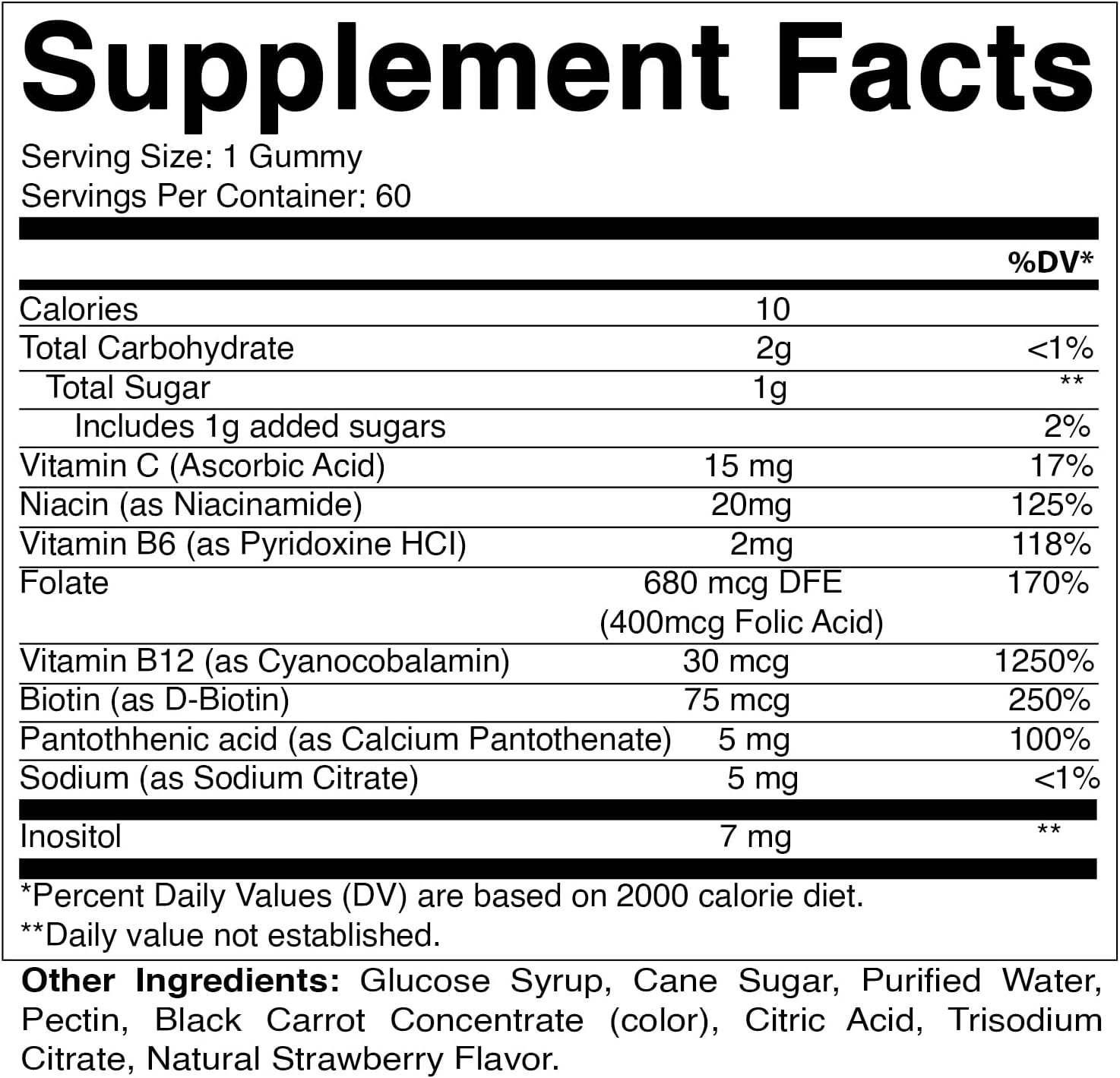 60 Vitamin B Complex Gummies with Vitamin C & Inositol - Natural Strawberry Flavor - 1 Bottle