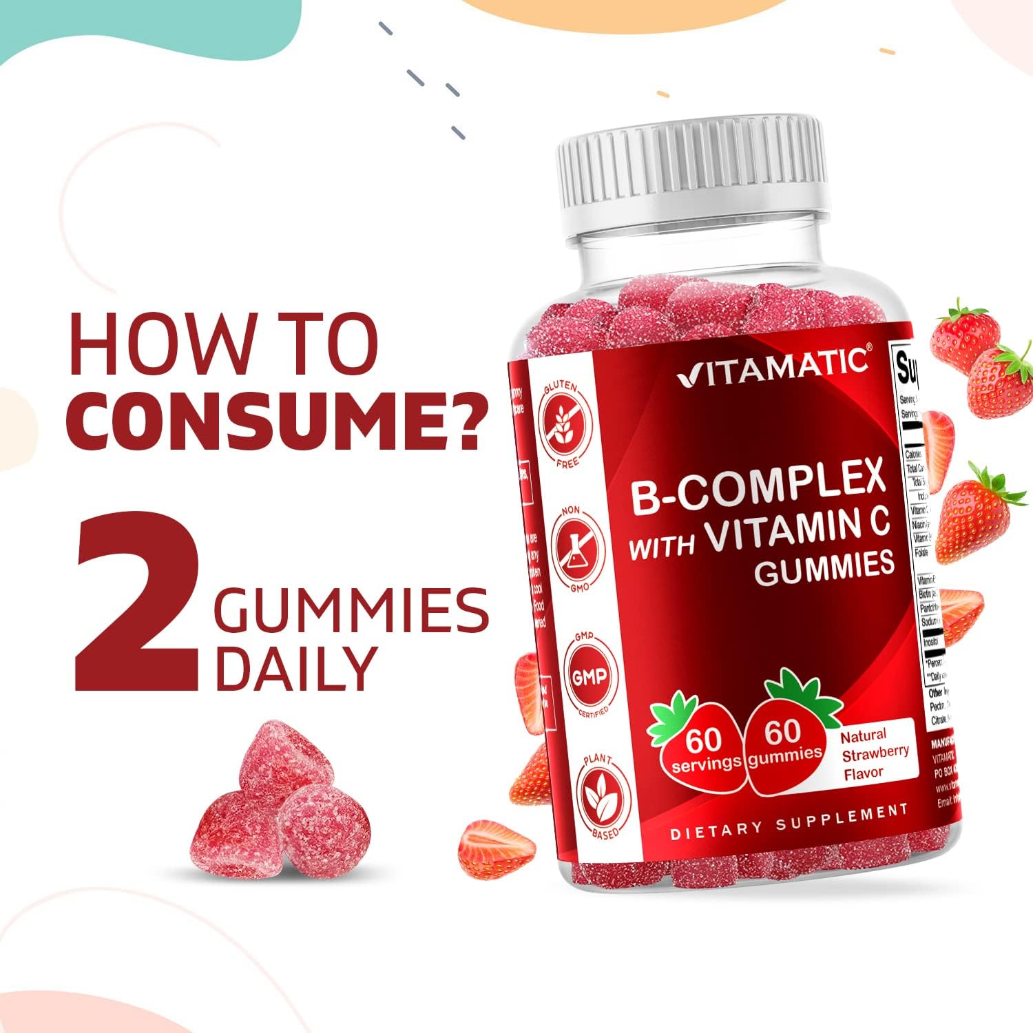 60 Vitamin B Complex Gummies with Vitamin C & Inositol - Natural Strawberry Flavor - 1 Bottle
