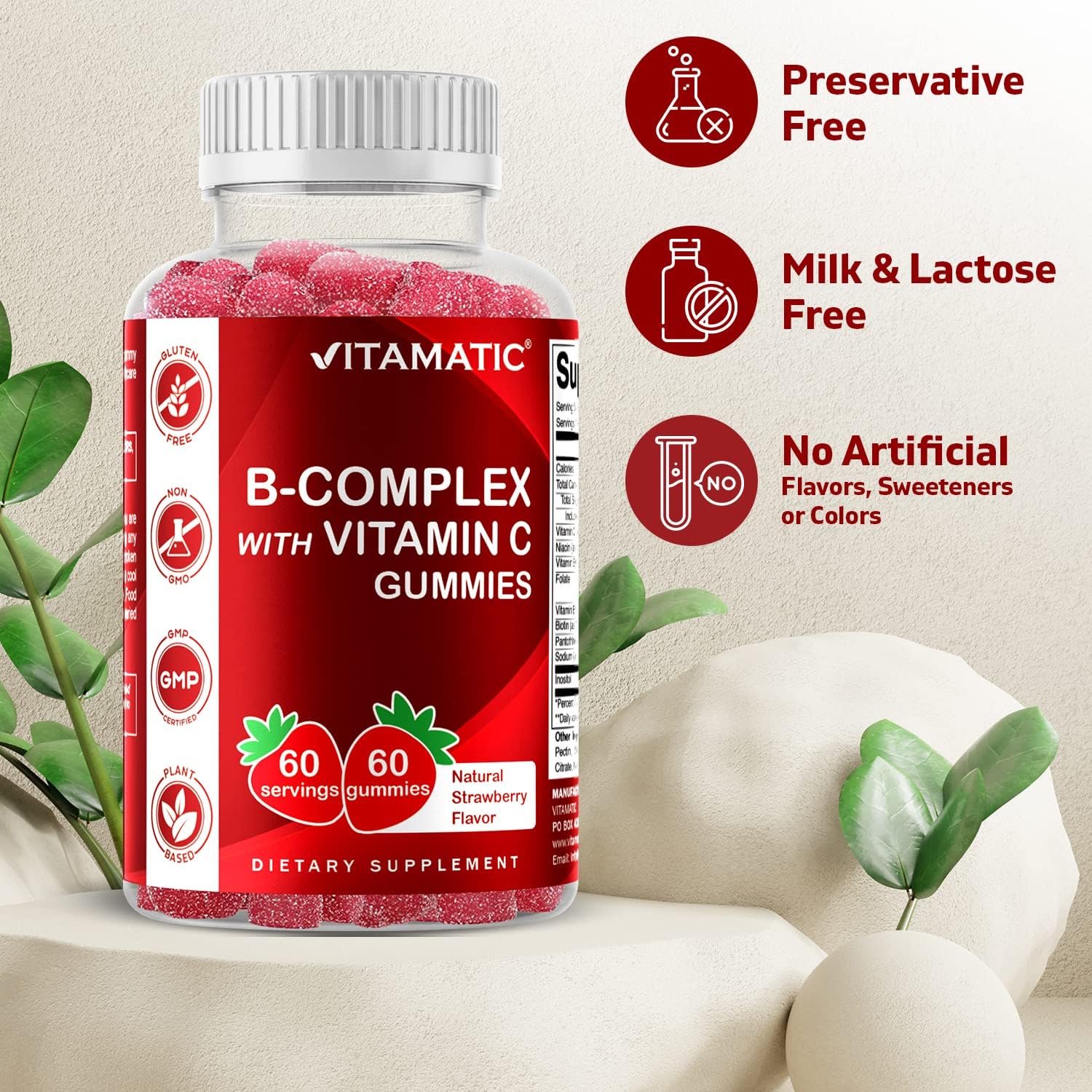 60 Vitamin B Complex Gummies with Vitamin C & Inositol - Natural Strawberry Flavor - 1 Bottle