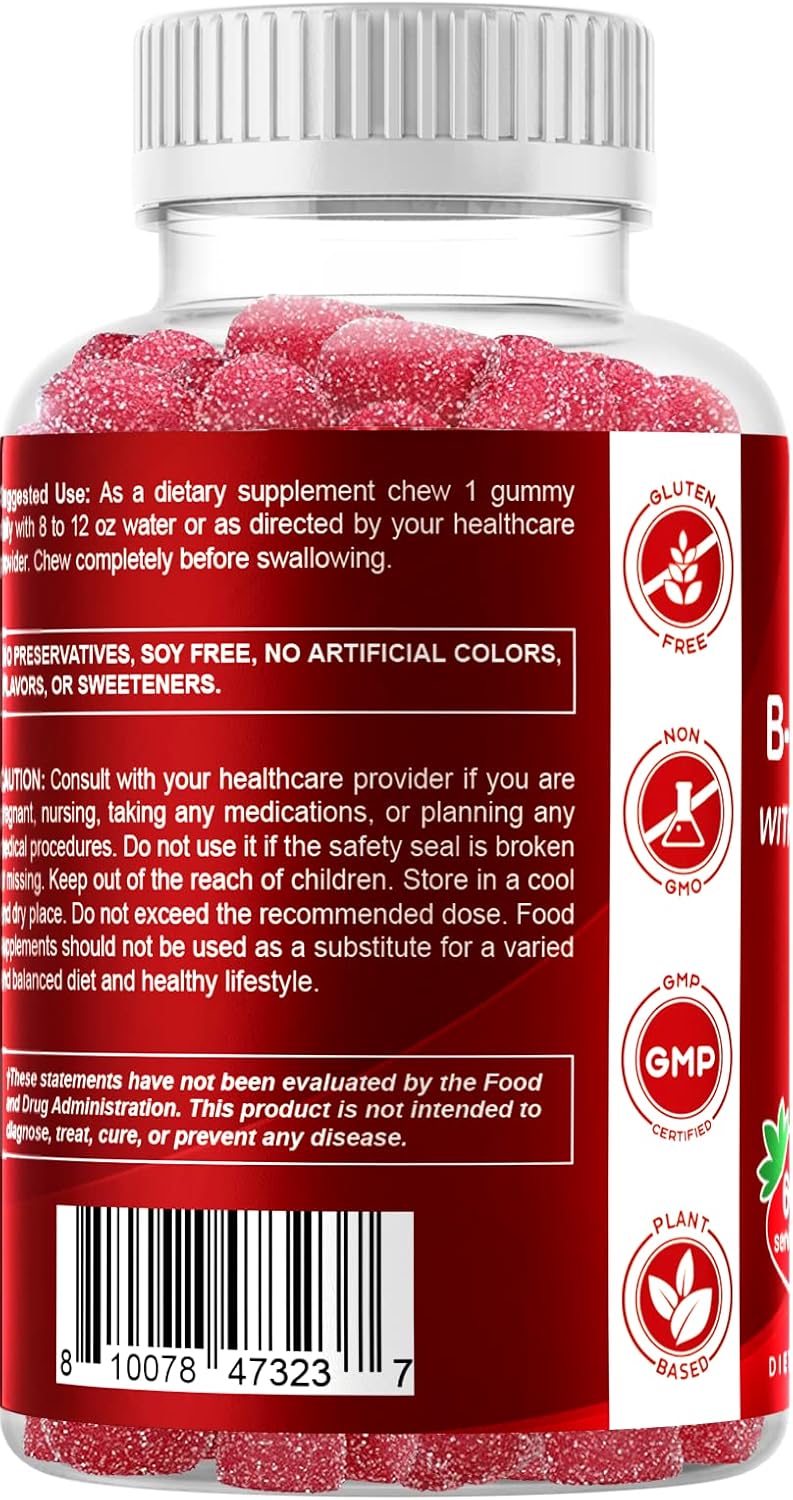 60 Vitamin B Complex Gummies with Vitamin C & Inositol - Natural Strawberry Flavor - 1 Bottle