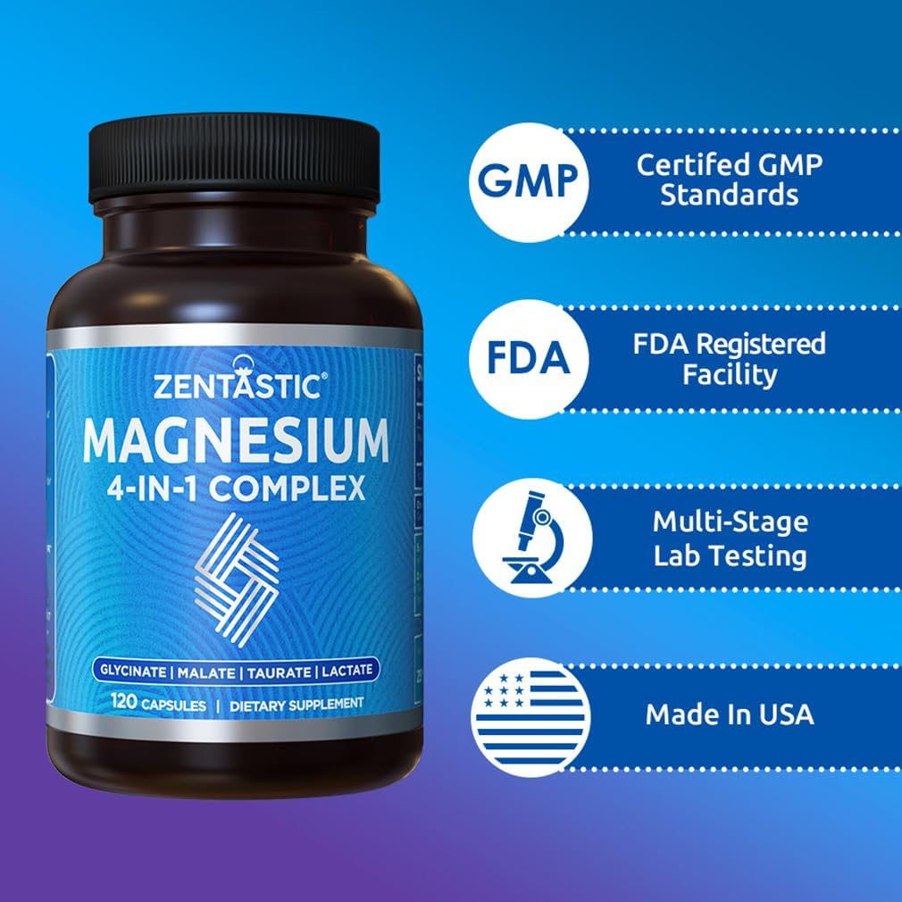 600 Capsules of Zentastic Magnesium Complex with Chelated Magnesium Glycinate, Malate, Taurate & Lactate - Bone and Muscle Support