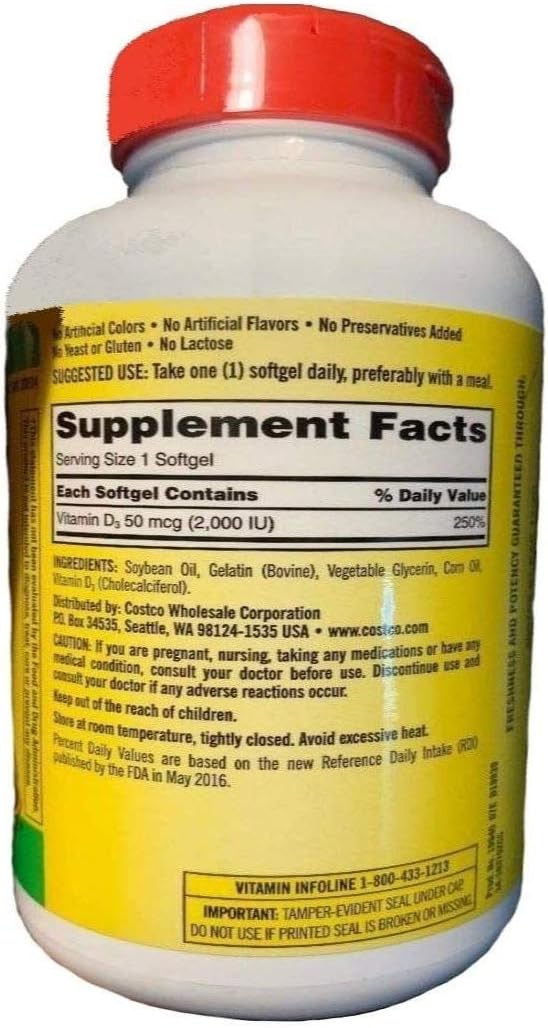 600 Count Kirkland Signature Extra Strength Vitamin D3 Softgels, 50 mcg
