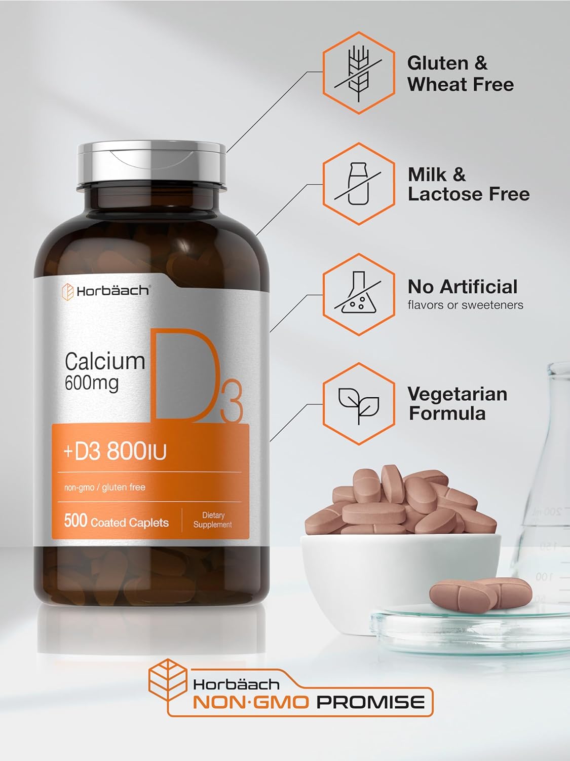 600 mg Horbäach Calcium Supplement with Vitamin D3 - 500 Coated Caplets, Non-GMO & Gluten Free
