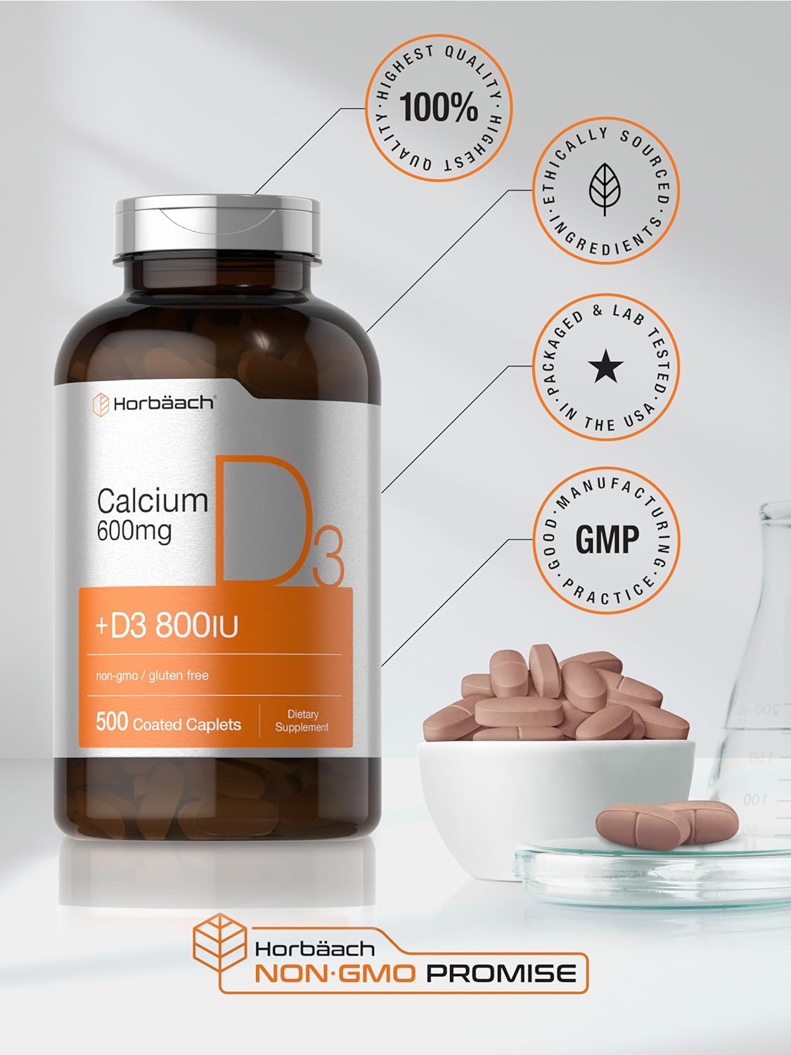600 mg Horbäach Calcium Supplement with Vitamin D3 - 500 Coated Caplets, Non-GMO & Gluten Free