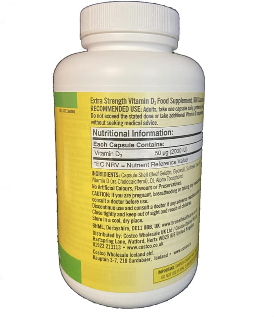 600 Softgels Kirkland Signature Extra Strength Vitamin D3 2000 I.U. - Large Bottle for Immune Support