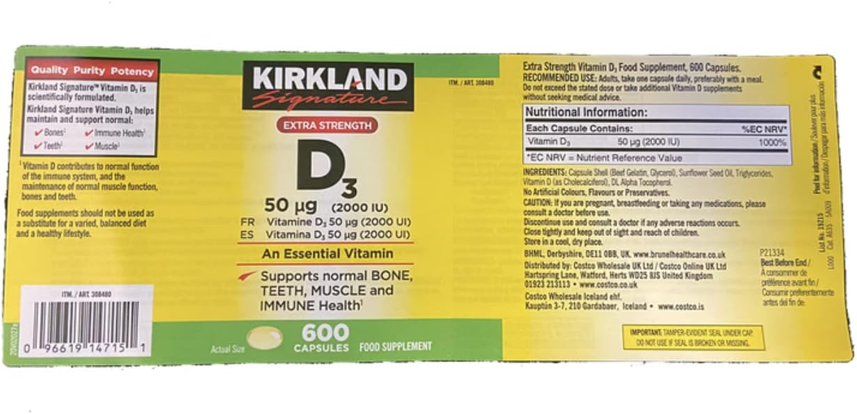 600 Softgels Kirkland Signature Extra Strength Vitamin D3 2000 I.U. - Large Bottle for Immune Support