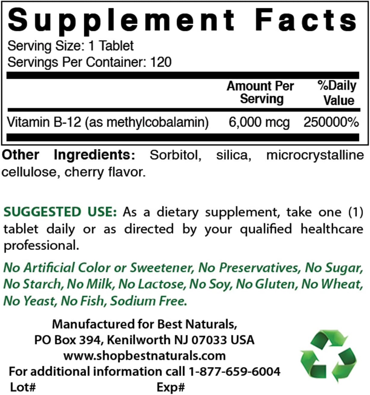 6000 mcg Methyl B12 Sublingual Tablets - 360 Count - Best Naturals Vitamin B-12 Methylcobalamin