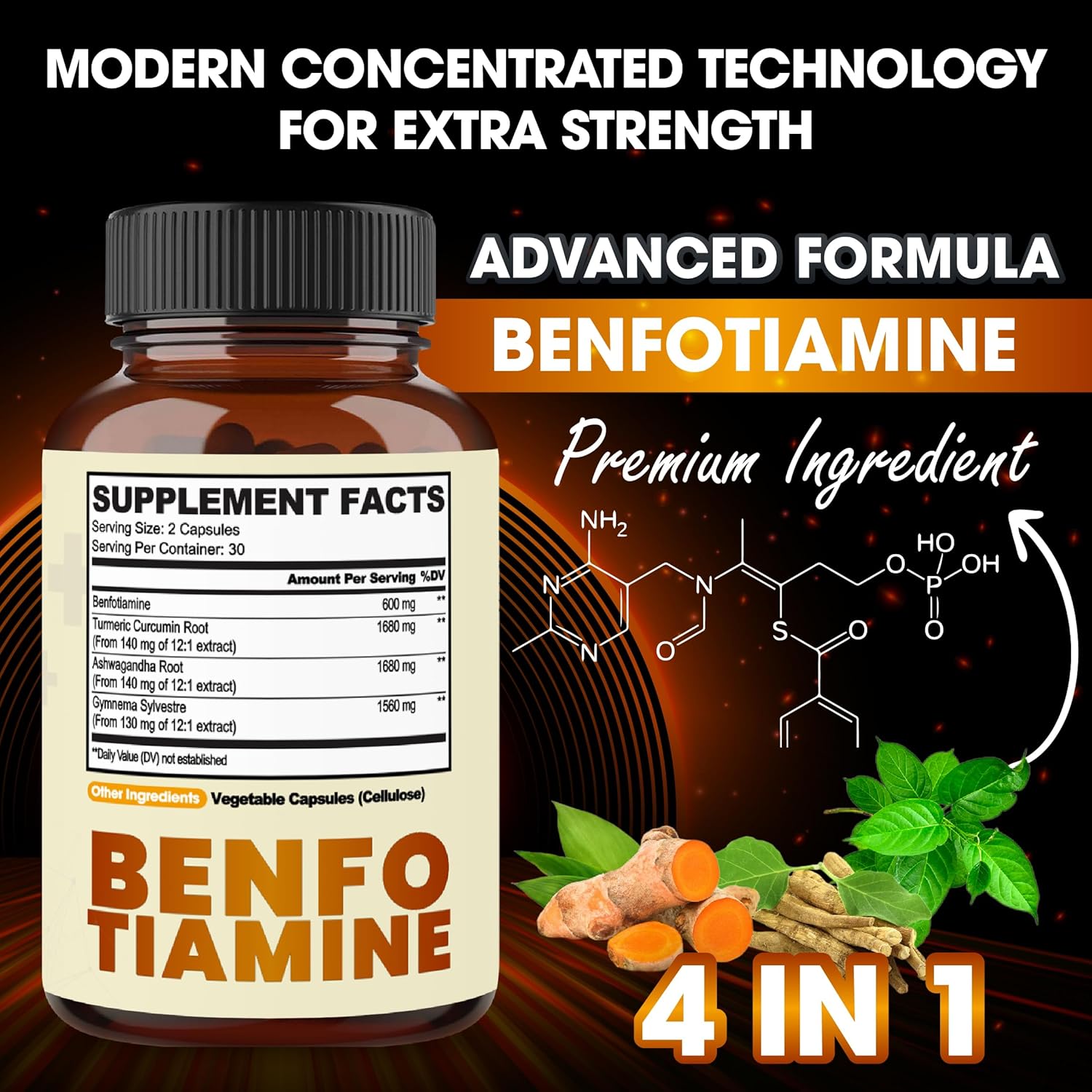 600mg Benfotiamine Supplement for Digestion, Energy, and Immune Support - Turmeric Curcumin, Ashwagandha, Gymnema Sylvestre - 120 Capsules (2 Month Supply)