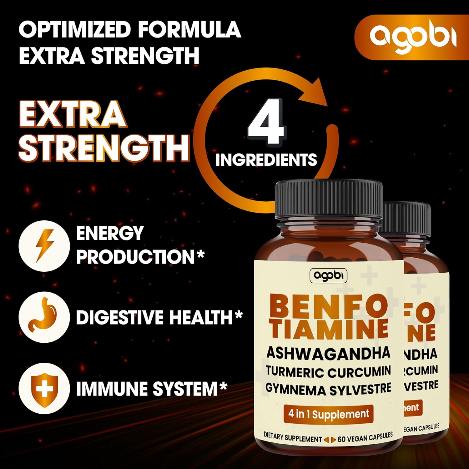 600mg Benfotiamine Supplement for Digestion, Energy, and Immune Support - Turmeric Curcumin, Ashwagandha, Gymnema Sylvestre - 120 Capsules (2 Month Supply)