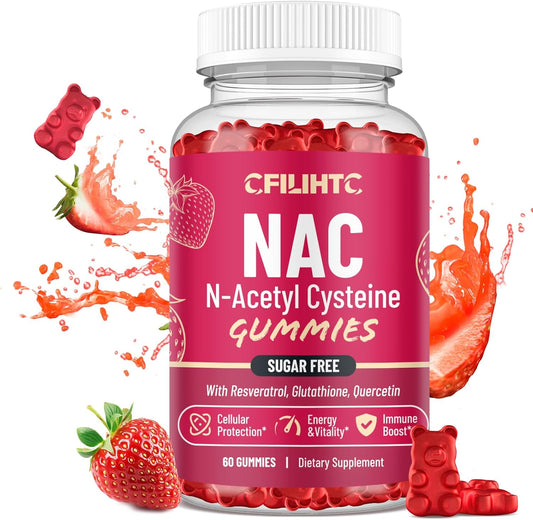 600mg CFILIHTC NAC Gummies with Glutathione, Resveratrol, Magnesium, CoQ10 - Antioxidant & Immune Support Chewable Supplement - Strawberry Flavor - 60 Gummies