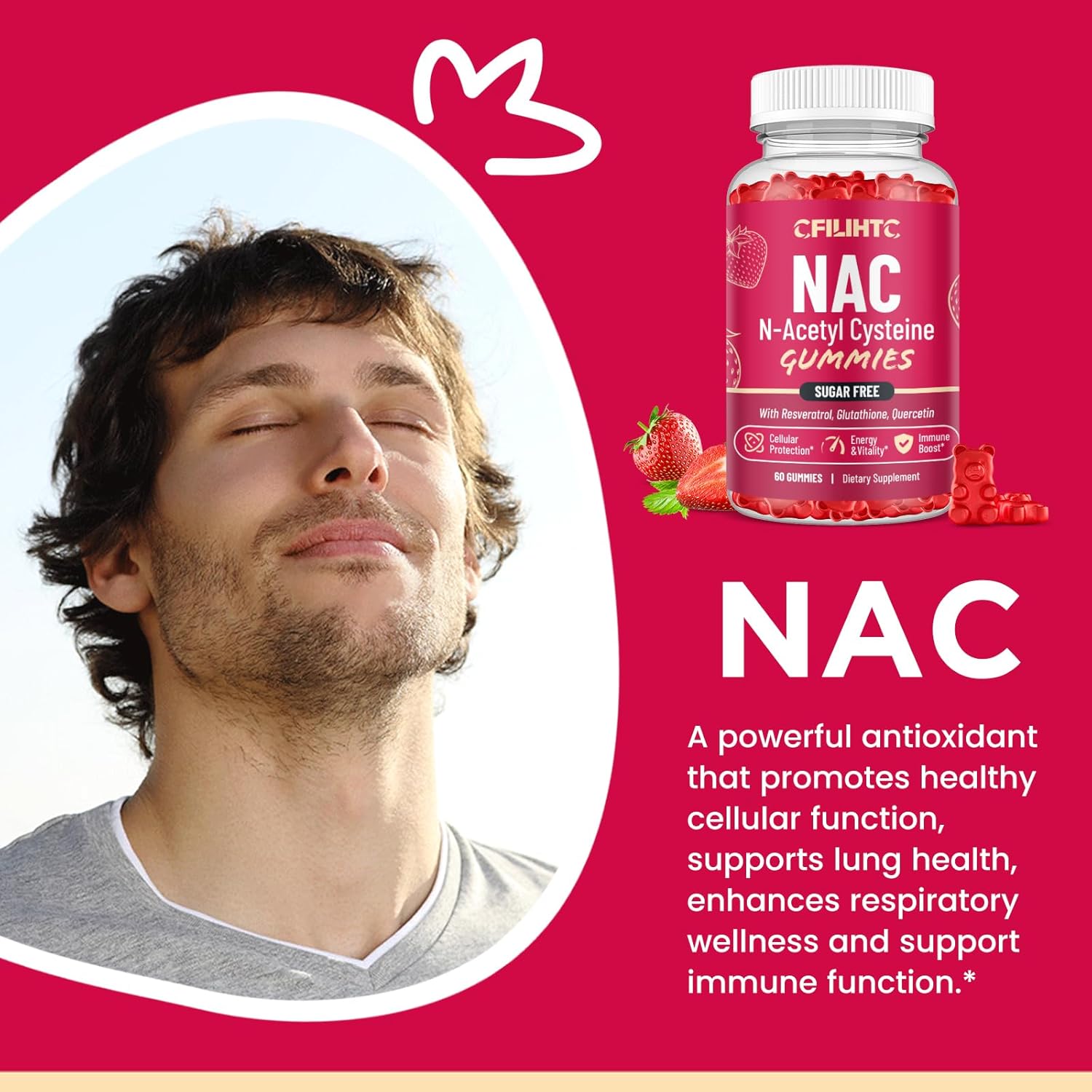 600mg CFILIHTC NAC Gummies with Glutathione, Resveratrol, Magnesium, CoQ10 - Antioxidant & Immune Support Chewable Supplement - Strawberry Flavor - 60 Gummies