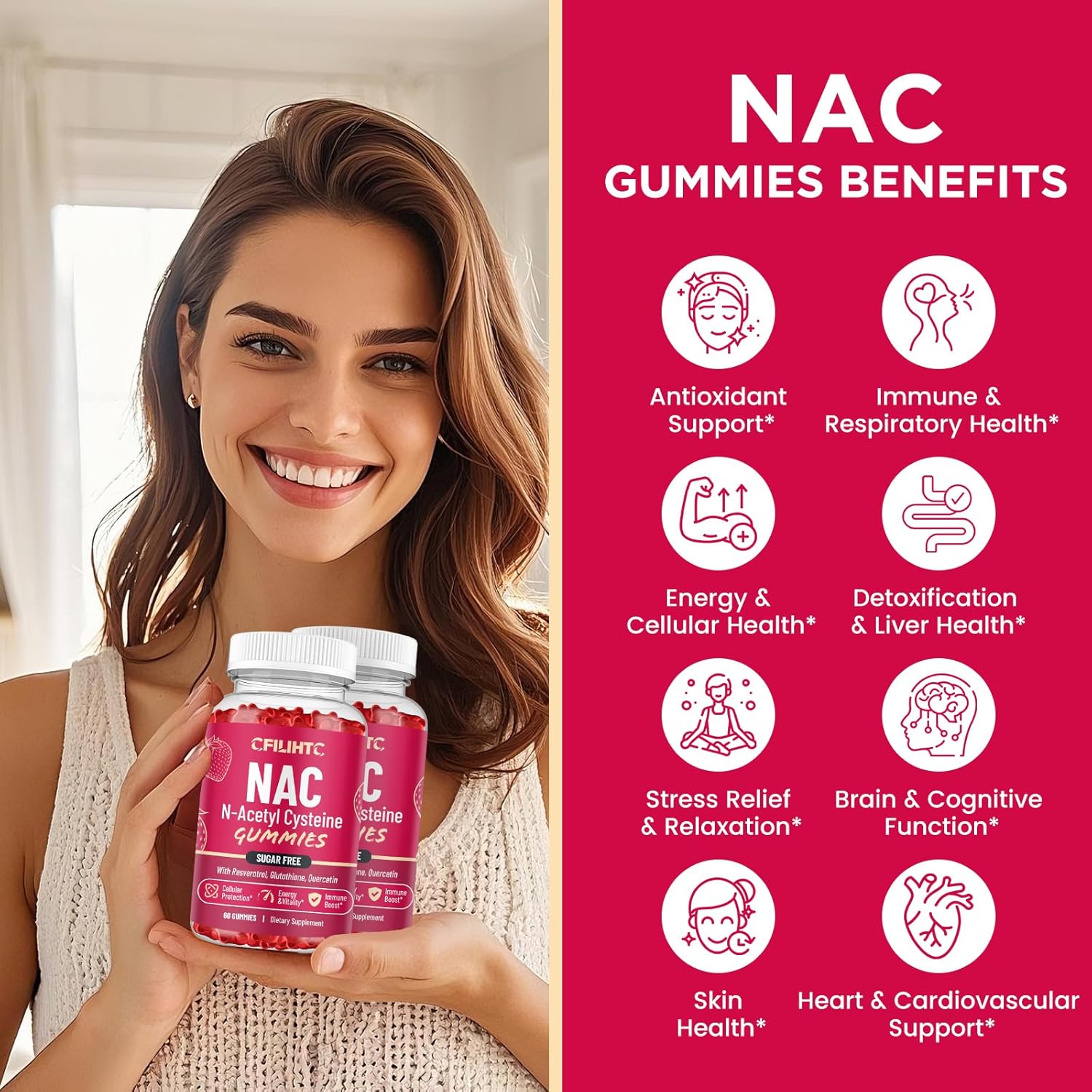 600mg CFILIHTC NAC Gummies with Glutathione, Resveratrol, Magnesium, CoQ10 - Antioxidant & Immune Support Chewable Supplement - Strawberry Flavor - 60 Gummies