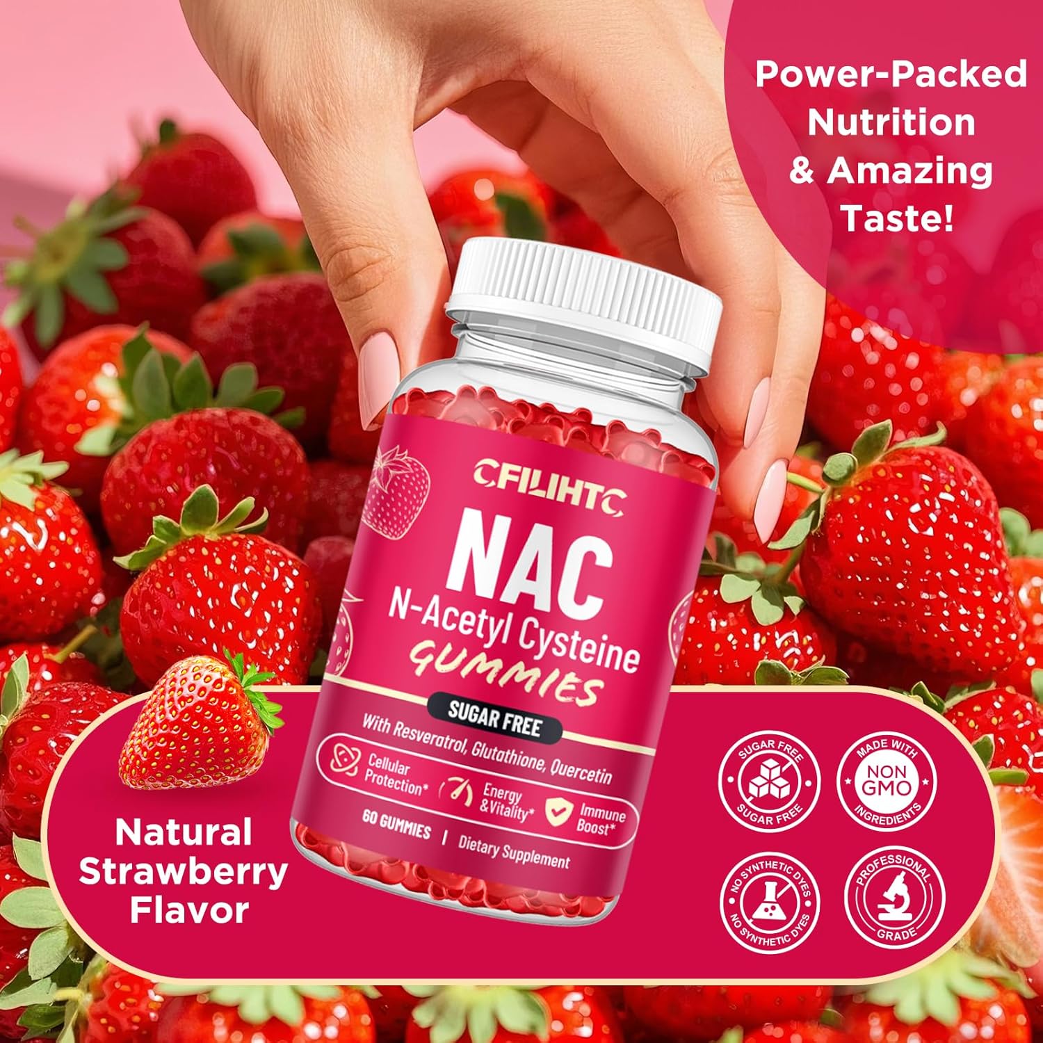 600mg CFILIHTC NAC Gummies with Glutathione, Resveratrol, Magnesium, CoQ10 - Antioxidant & Immune Support Chewable Supplement - Strawberry Flavor - 60 Gummies