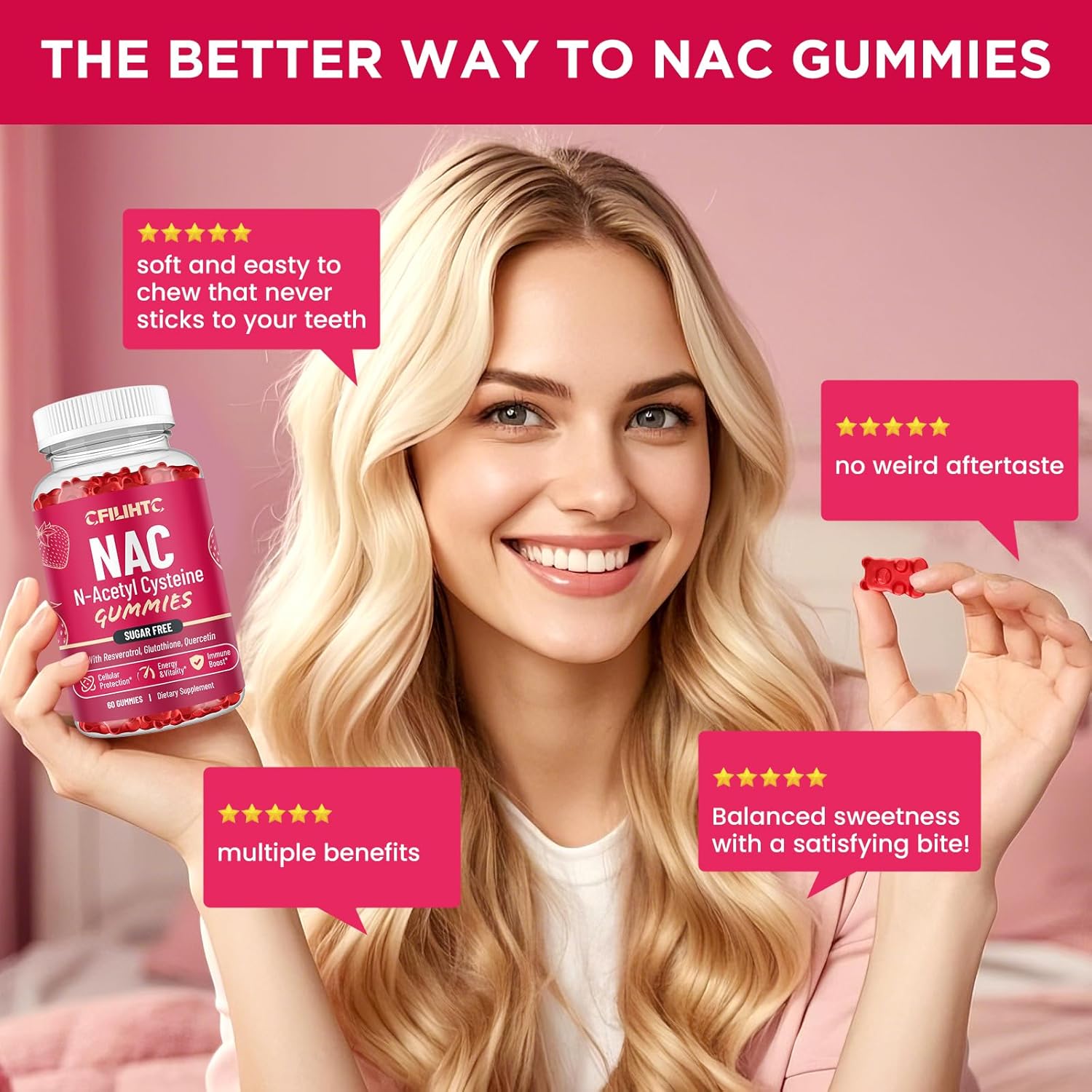 600mg CFILIHTC NAC Gummies with Glutathione, Resveratrol, Magnesium, CoQ10 - Antioxidant & Immune Support Chewable Supplement - Strawberry Flavor - 60 Gummies