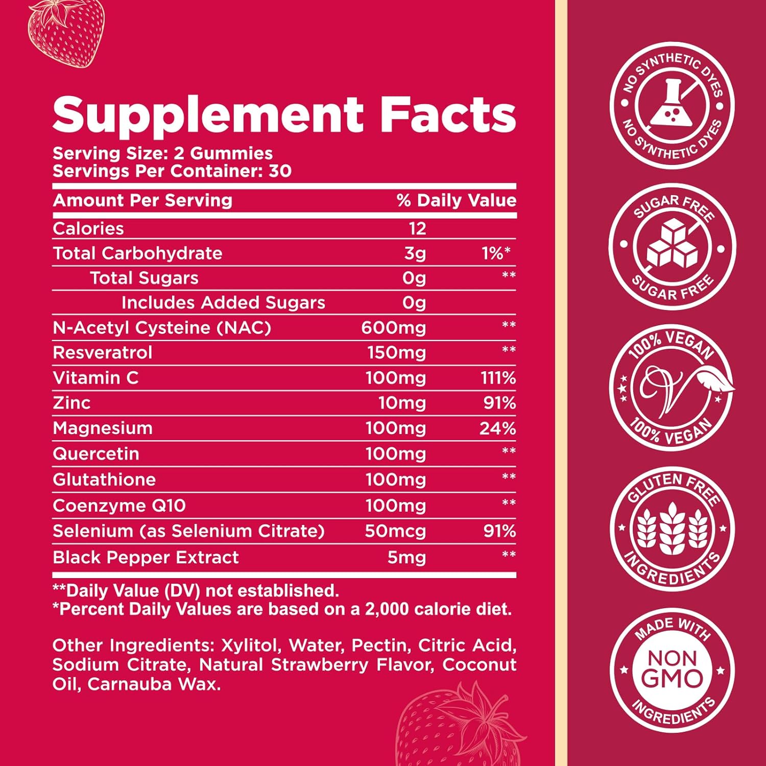 600mg CFILIHTC NAC Gummies with Glutathione, Resveratrol, Magnesium, CoQ10 - Antioxidant & Immune Support Chewable Supplement - Strawberry Flavor - 60 Gummies