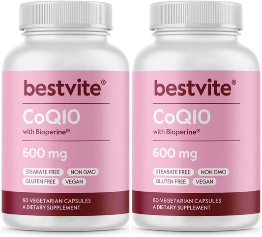 600mg Coenzyme CoQ10 Capsules with Bioperine (240 Vegetarian Capsules, 2-Pack) - Vegan, Non-GMO, Gluten-Free, No Fillers