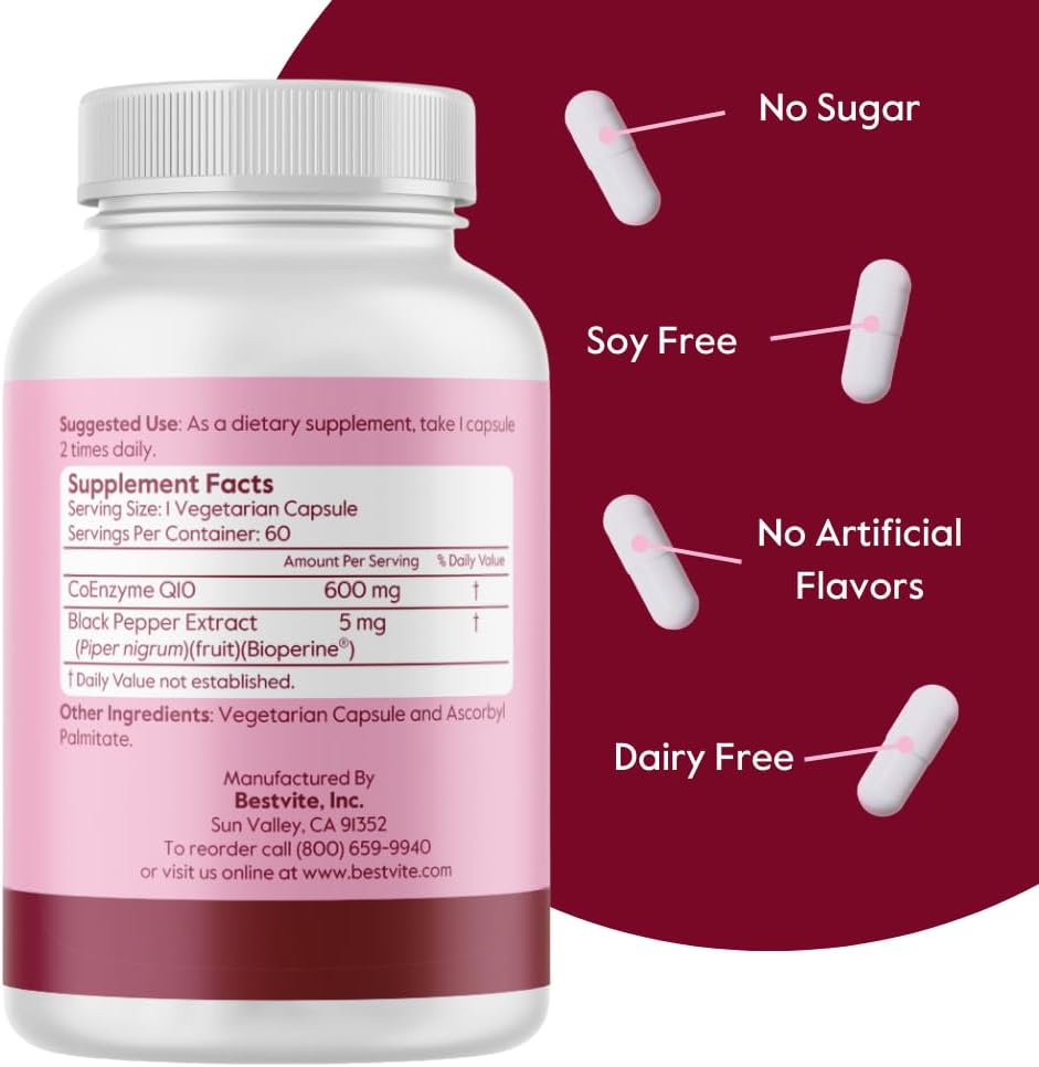 600mg Coenzyme CoQ10 Capsules with Bioperine (240 Vegetarian Capsules, 2-Pack) - Vegan, Non-GMO, Gluten-Free, No Fillers