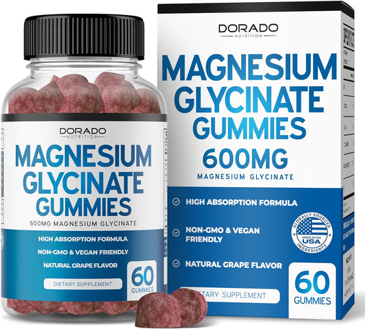 600mg Magnesium Glycinate Gummies for Adults - 60 Count - Made in USA - High Quality Nutritional Supplement