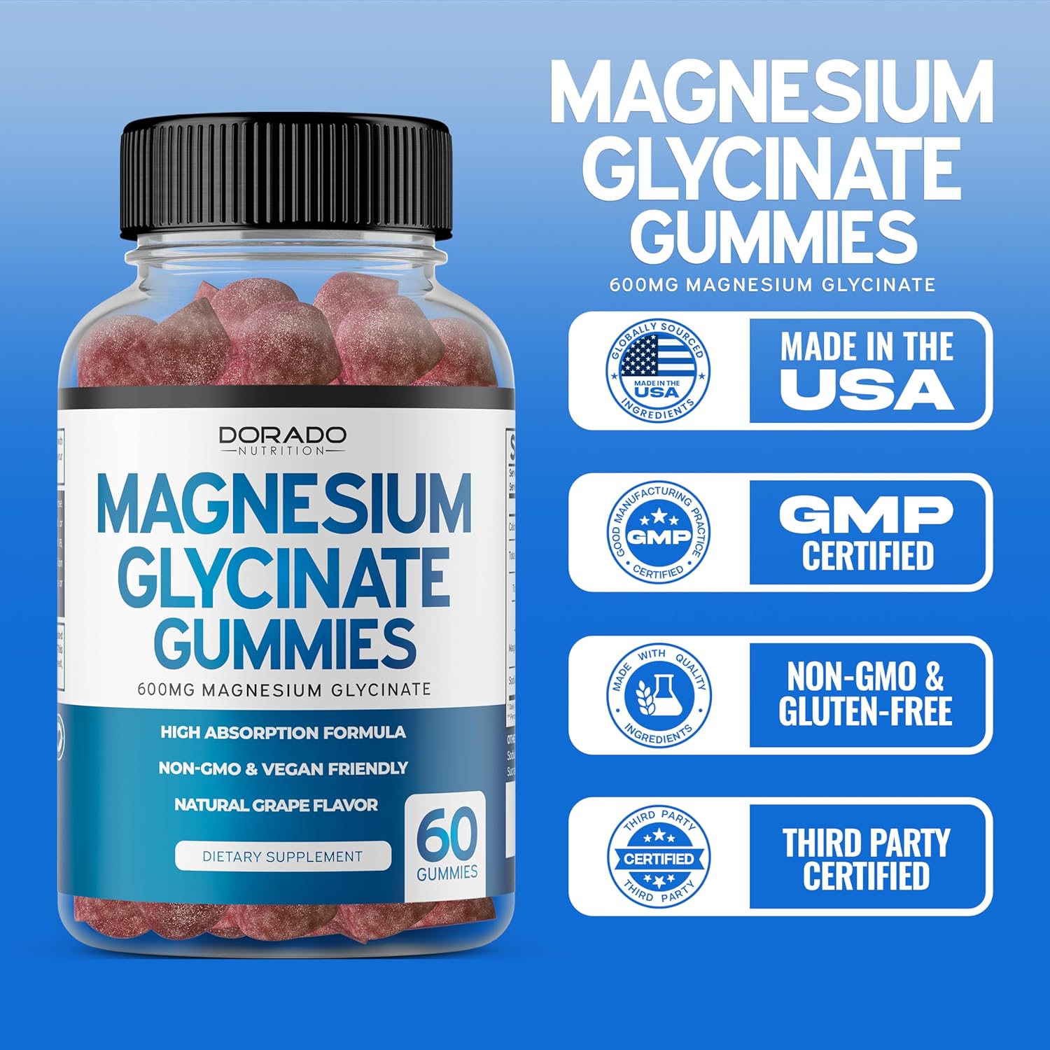600mg Magnesium Glycinate Gummies for Adults - 60 Count - Made in USA - High Quality Nutritional Supplement