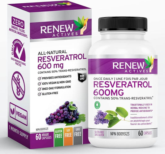 600mg Natural Resveratrol Complex with 50% Trans Resveratrol - High Antioxidant Formula for Cellular Health - 60 Vegan Capsules - Renew Actives