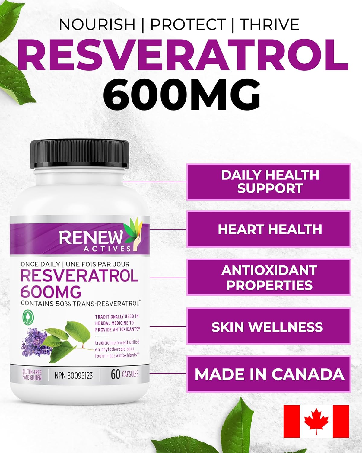 600mg Natural Resveratrol Complex with 50% Trans Resveratrol - High Antioxidant Formula for Cellular Health - 60 Vegan Capsules - Renew Actives