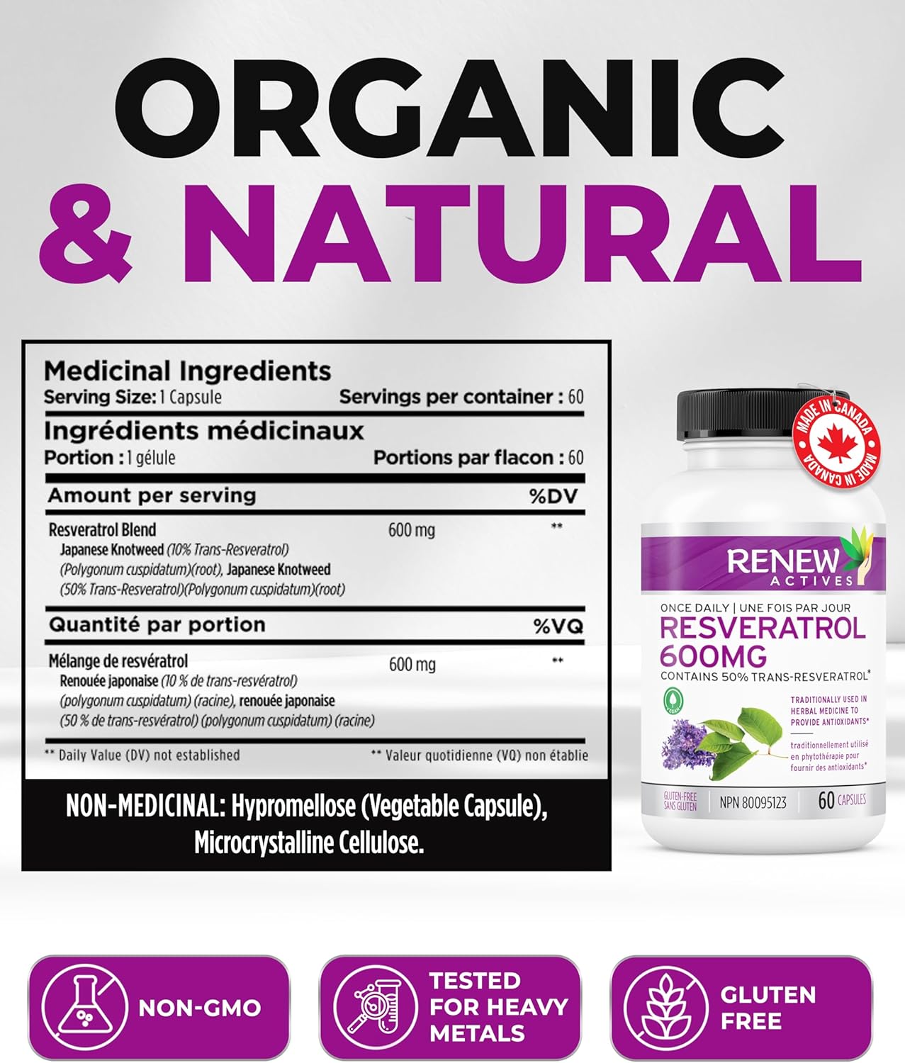 600mg Natural Resveratrol Complex with 50% Trans Resveratrol - High Antioxidant Formula for Cellular Health - 60 Vegan Capsules - Renew Actives