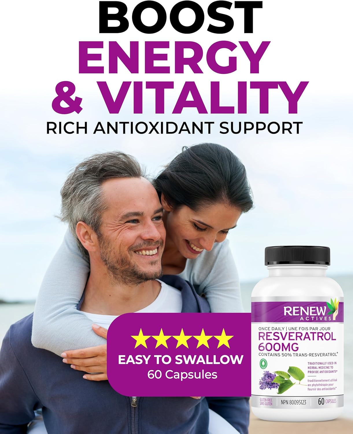 600mg Natural Resveratrol Complex with 50% Trans Resveratrol - High Antioxidant Formula for Cellular Health - 60 Vegan Capsules - Renew Actives